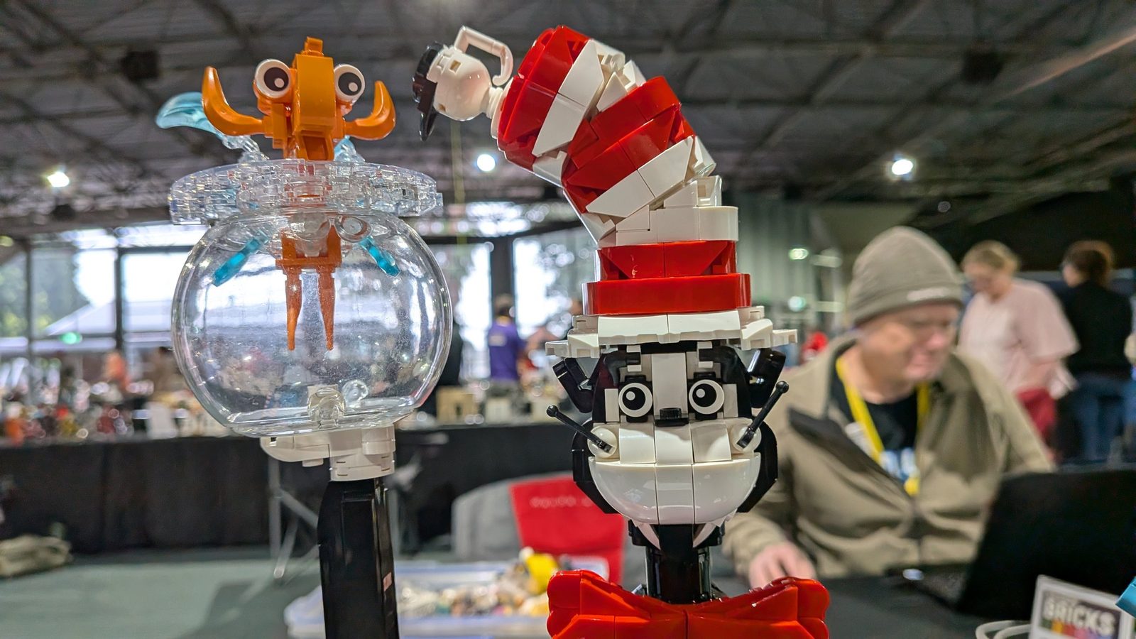 Brick-built Cat in the Hat beside a fishbowl
